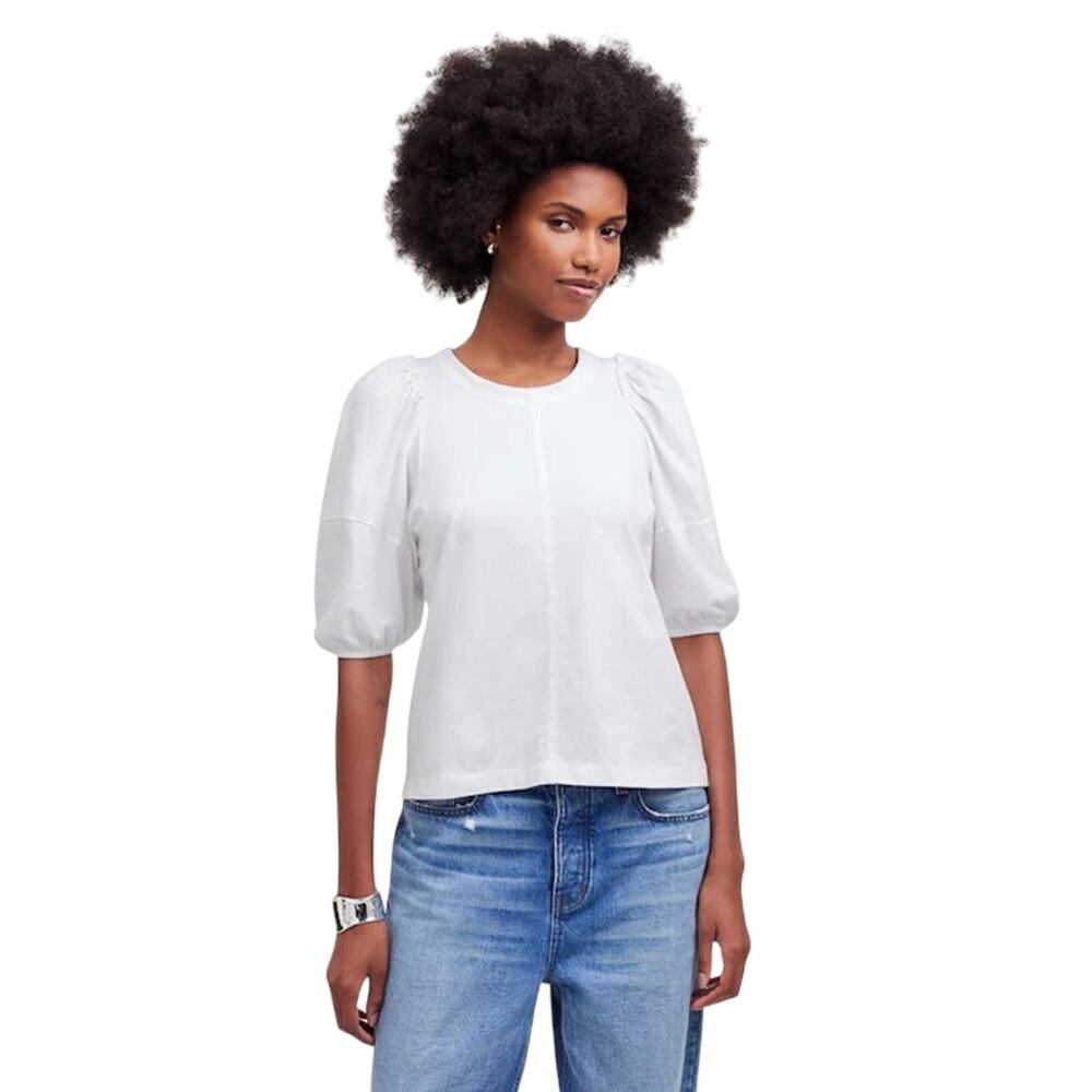 Madewell White Puff Sleeve Top XXS Crewneck Cotton Blouse NWT Women’s
